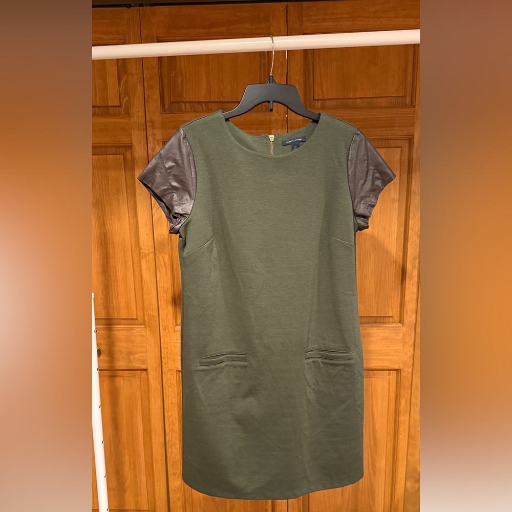Tommy Hilfiger Olive Green Shift Dress Faux Leather Sleeves Pockets Large